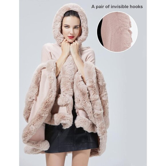 Women Hooded Poncho Cape Faux Fur Shawl Wrap with Fur Trim Sleeveless Cardigan - Picture 3 of 7